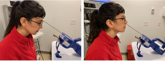 Left:Experimental setup for flexible laryngoscopy and Right: rigid laryngoscopy